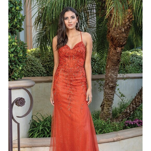 New Floral Lace Embellished Maxi Formal Dress w/ V-Neck & Lace Up Back DQ 4308 - Picture 3 of 9